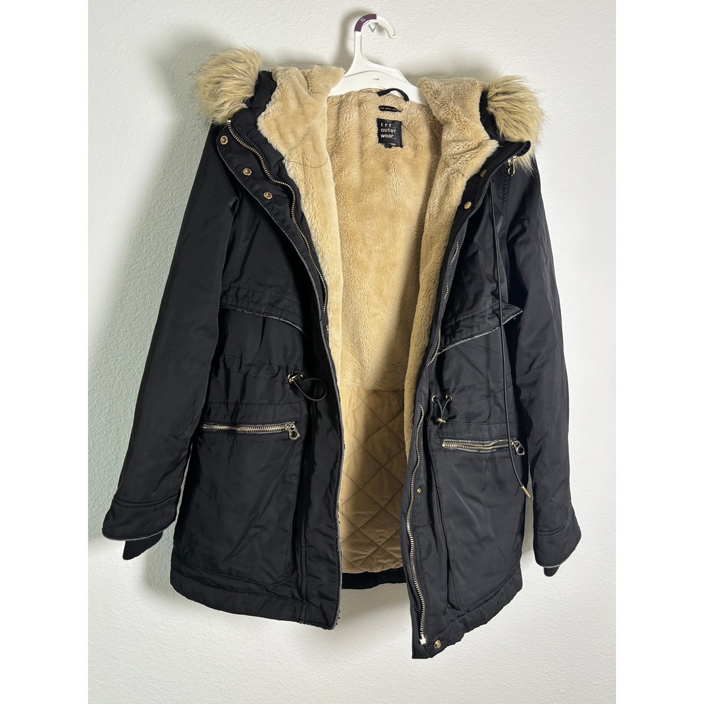 Zara TRF Outerwear Black Faux Fur Lined Hooded Parka Jacket Small